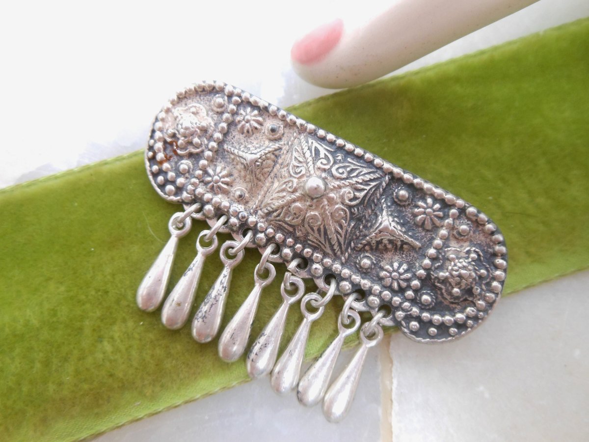 Vintage SILVER Mexico Brooch Dangle Fringe Pyramid Art Deco 925 Artisan Pin Jewelry Gift Mid Century, VivianJoel.com