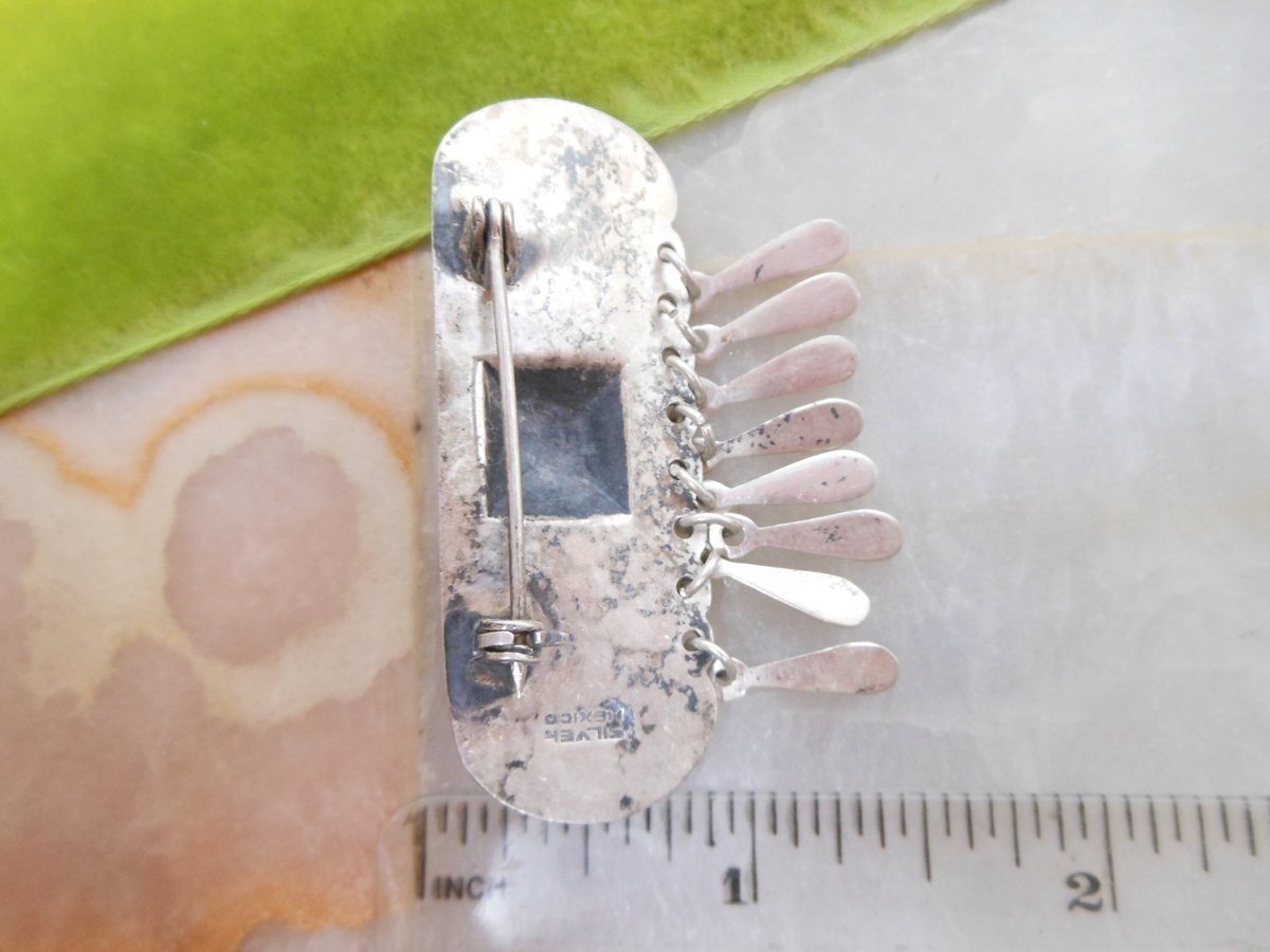 Vintage SILVER Mexico Brooch Dangle Fringe Pyramid Art Deco 925 Artisan Pin Jewelry Gift Mid Century, VivianJoel.com