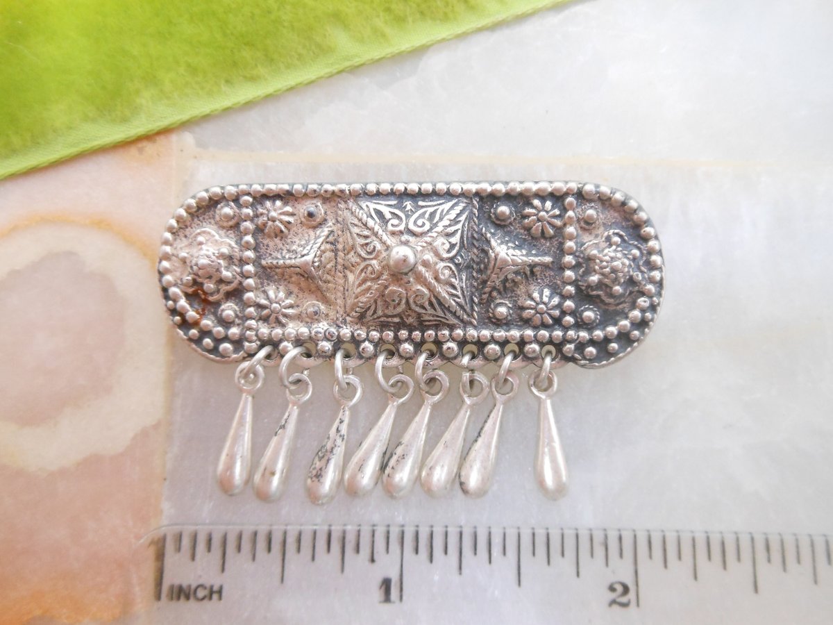 Vintage SILVER Mexico Brooch Dangle Fringe Pyramid Art Deco 925 Artisan Pin Jewelry Gift Mid Century, VivianJoel.com