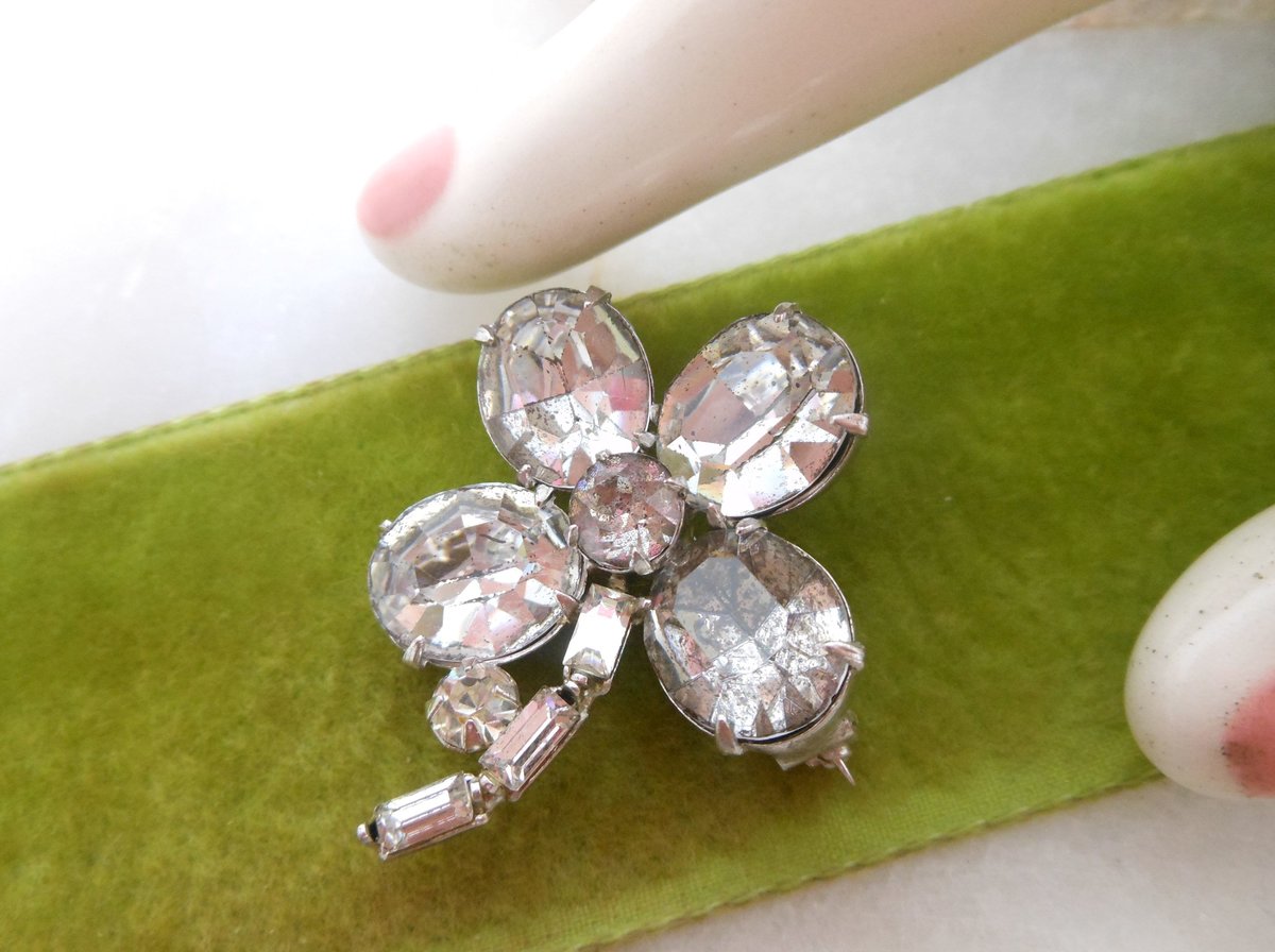 Vintage Rhinestone Shamrock Pin Clover Brooch Figural Good Luck St Patricks Irish Jewelry Gift Mid Century *as is*,  VivianJoel.com