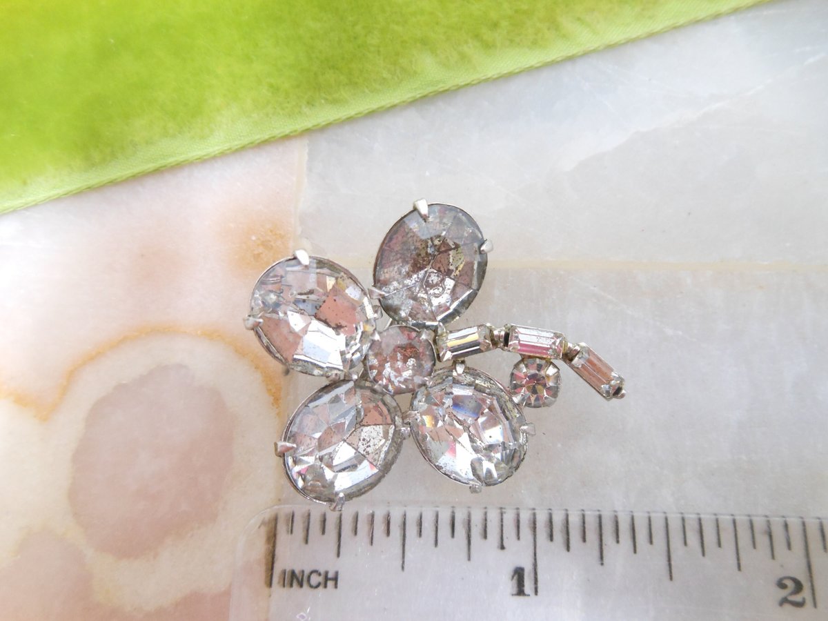 Vintage Rhinestone Shamrock Pin Clover Brooch Figural Good Luck St Patricks Irish Jewelry Gift Mid Century *as is*,  VivianJoel.com