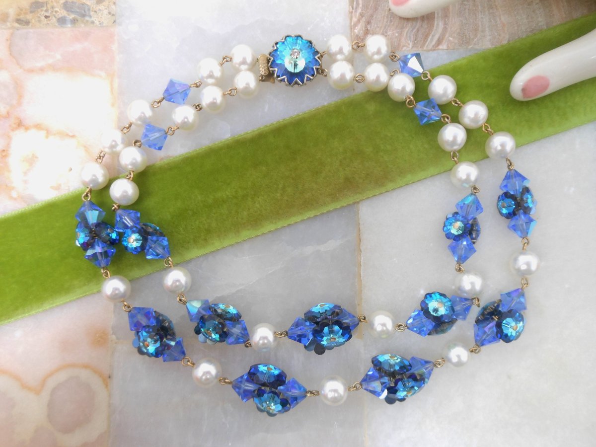 Vintage Blue Crystal Bead Necklace Double Strand Flower Rivoli Faux Pearl Choker Collar Glam Mid Century Jewelry Gift, VivianJoel.com