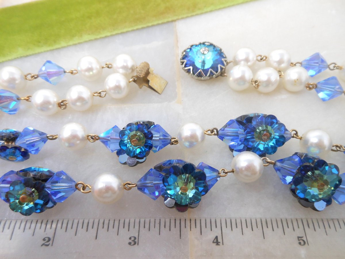 Vintage Blue Crystal Bead Necklace Double Strand Flower Rivoli Faux Pearl Choker Collar Glam Mid Century Jewelry Gift, VivianJoel.com