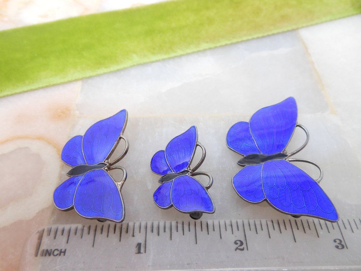 Vintage VOLMER BAHNER Denmark STERLING Silver Butterfly Pin Set Brooch Trio Enamel Blue Guilloche Designer Mid Century, VivianJoel.com