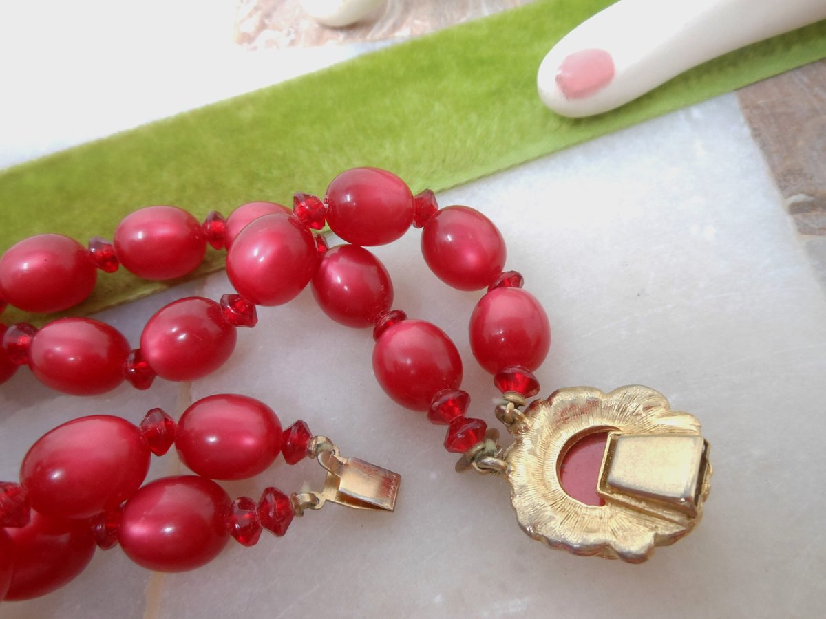 Vintage JUDY LEE Bead Necklace Red Crystal Two Strand Bib Plastic Rasberry Moonglow Designer Mid Century Jewelry Gift, VivianJoel.com