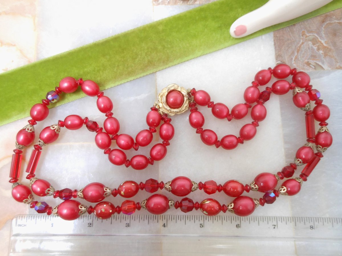 Vintage JUDY LEE Bead Necklace Red Crystal Two Strand Bib Plastic Rasberry Moonglow Designer Mid Century Jewelry Gift, VivianJoel.com