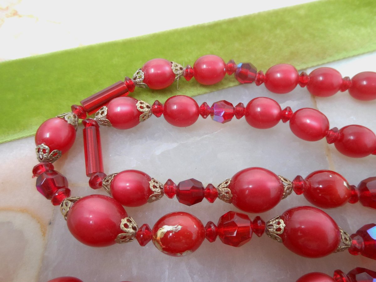 Vintage JUDY LEE Bead Necklace Red Crystal Two Strand Bib Plastic Rasberry Moonglow Designer Mid Century Jewelry Gift, VivianJoel.com