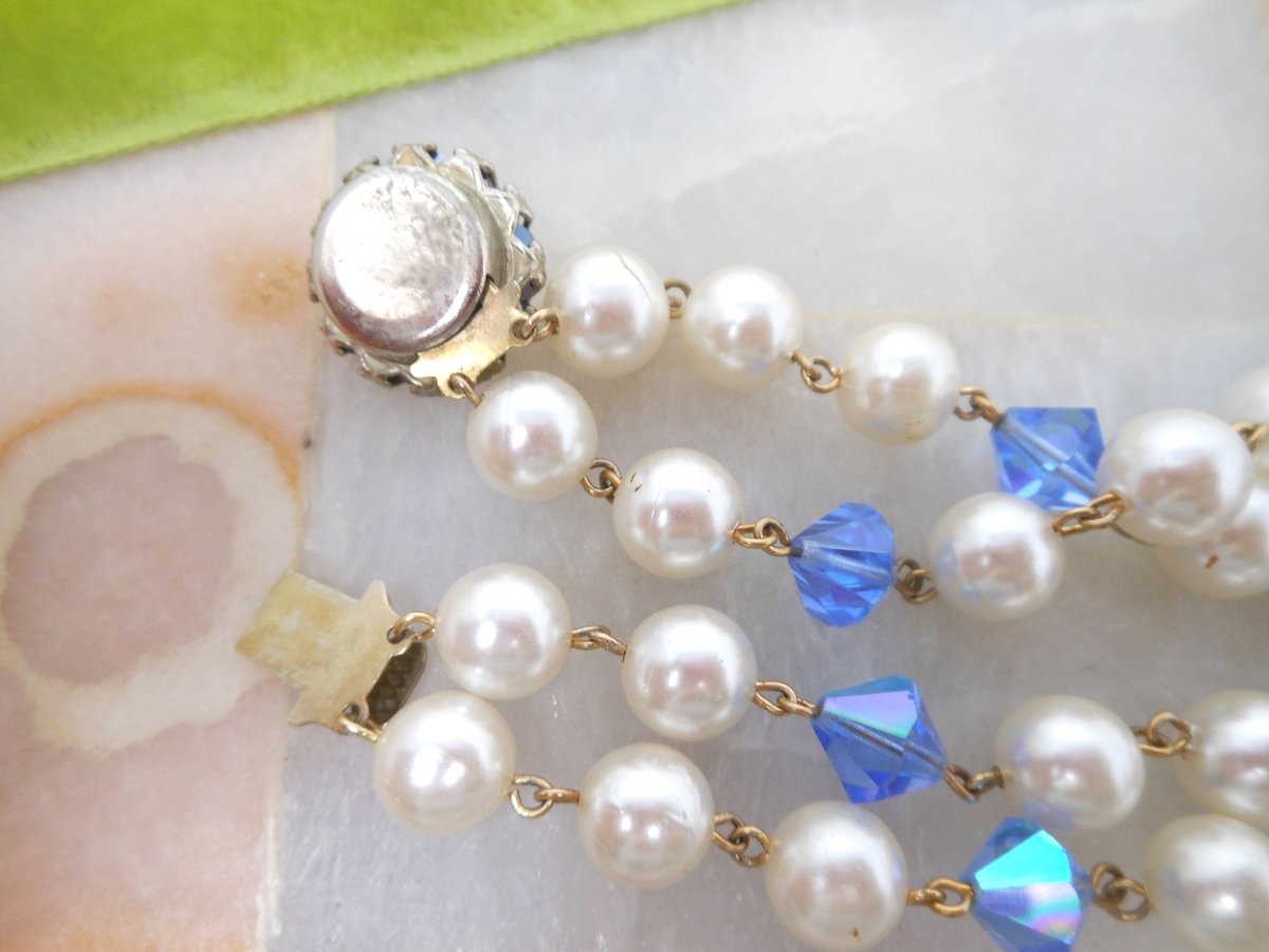 Vintage Blue Crystal Bead Necklace Double Strand Flower Rivoli Faux Pearl Choker Collar Glam Mid Century Jewelry Gift, VivianJoel.com