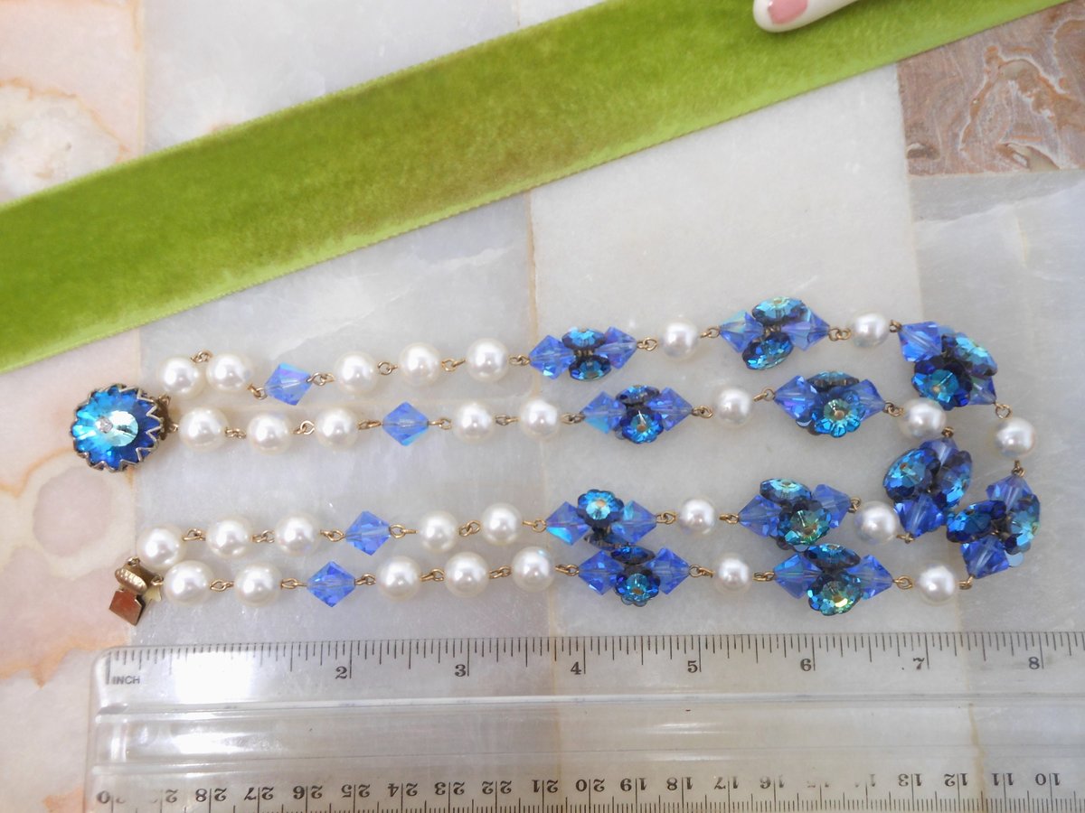 Vintage Blue Crystal Bead Necklace Double Strand Flower Rivoli Faux Pearl Choker Collar Glam Mid Century Jewelry Gift, VivianJoel.com