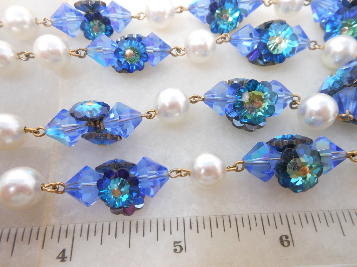 Vintage Blue Crystal Bead Necklace Double Strand Flower Rivoli Faux Pearl Choker Collar Glam Mid Century Jewelry Gift, VivianJoel.com