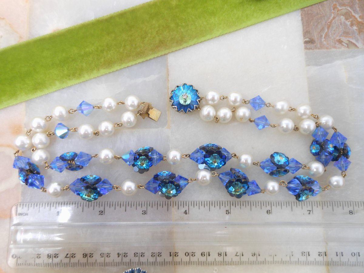 Vintage Blue Crystal Bead Necklace Double Strand Flower Rivoli Faux Pearl Choker Collar Glam Mid Century Jewelry Gift, VivianJoel.com