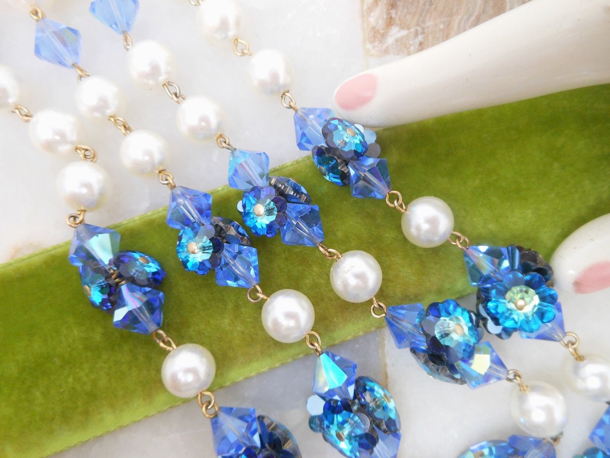 Vintage Blue Crystal Bead Necklace Double Strand Flower Rivoli Faux Pearl Choker Collar Glam Mid Century Jewelry Gift, VivianJoel.com