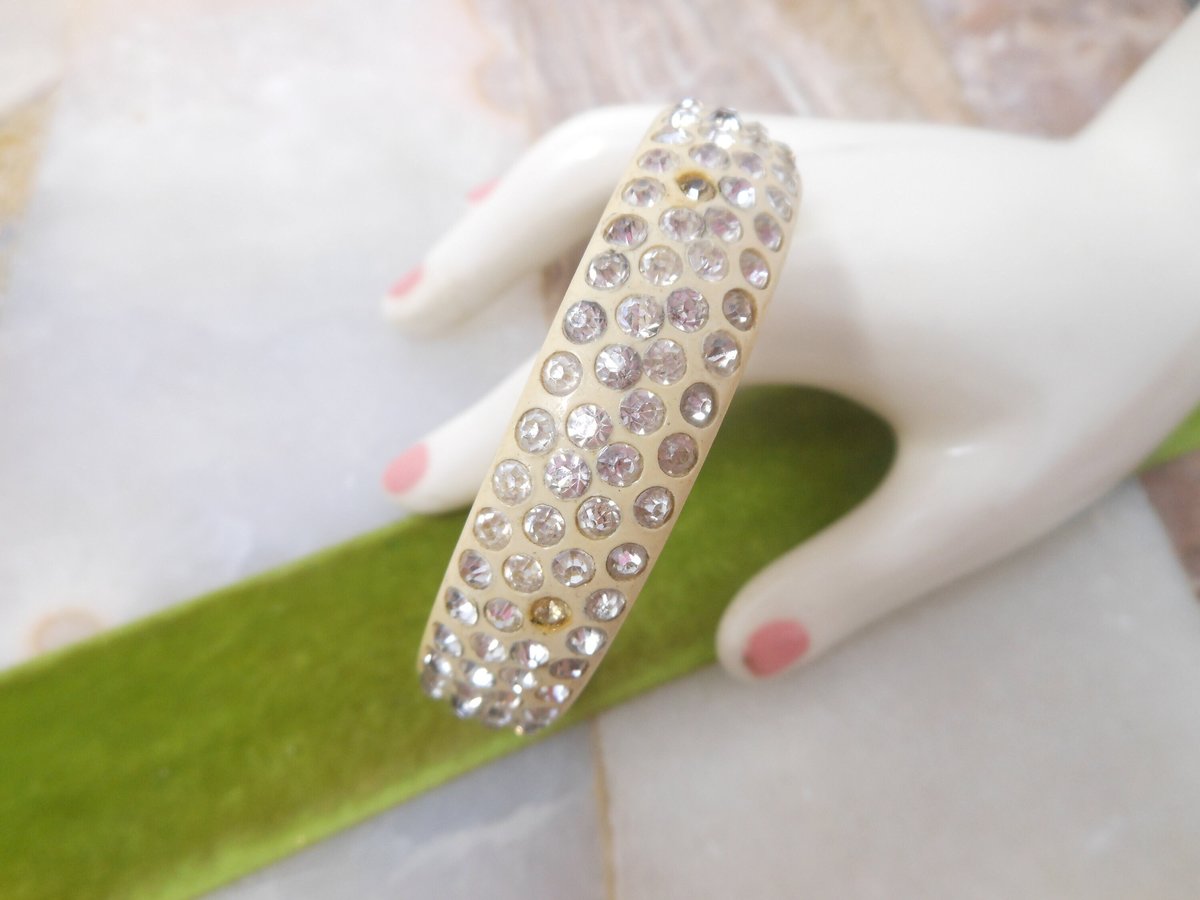Vintage Art Deco Rhinestone Bracelet Bangle BAKELITE ERA Celluloid 4 Row Art Deco Old Plastic Mid Century, VivianJoel.com