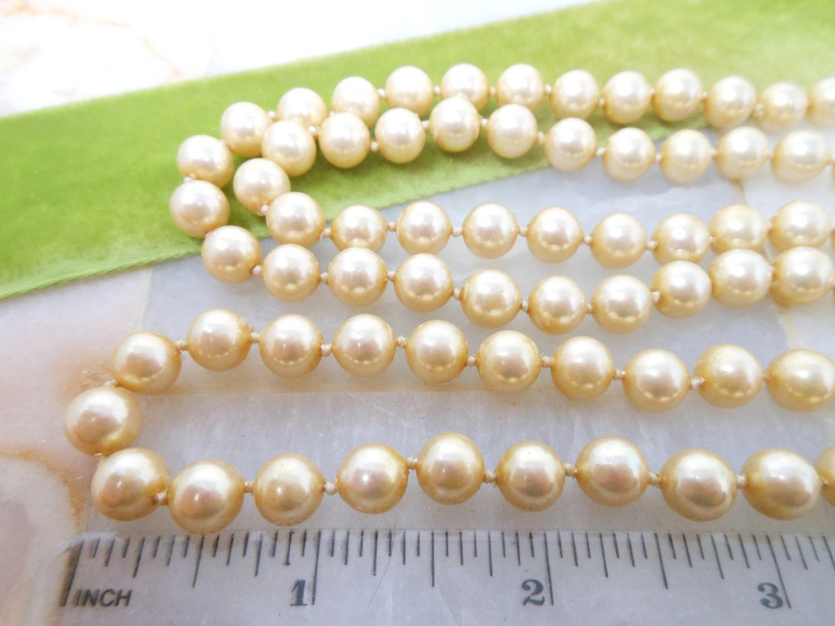 Vintage CAROLEE Long Necklace Golden Faux Pearl Glass Bead 37" Knotted Spacers Designer Elegant Classic Jewelry Gift, VivianJoel.com
