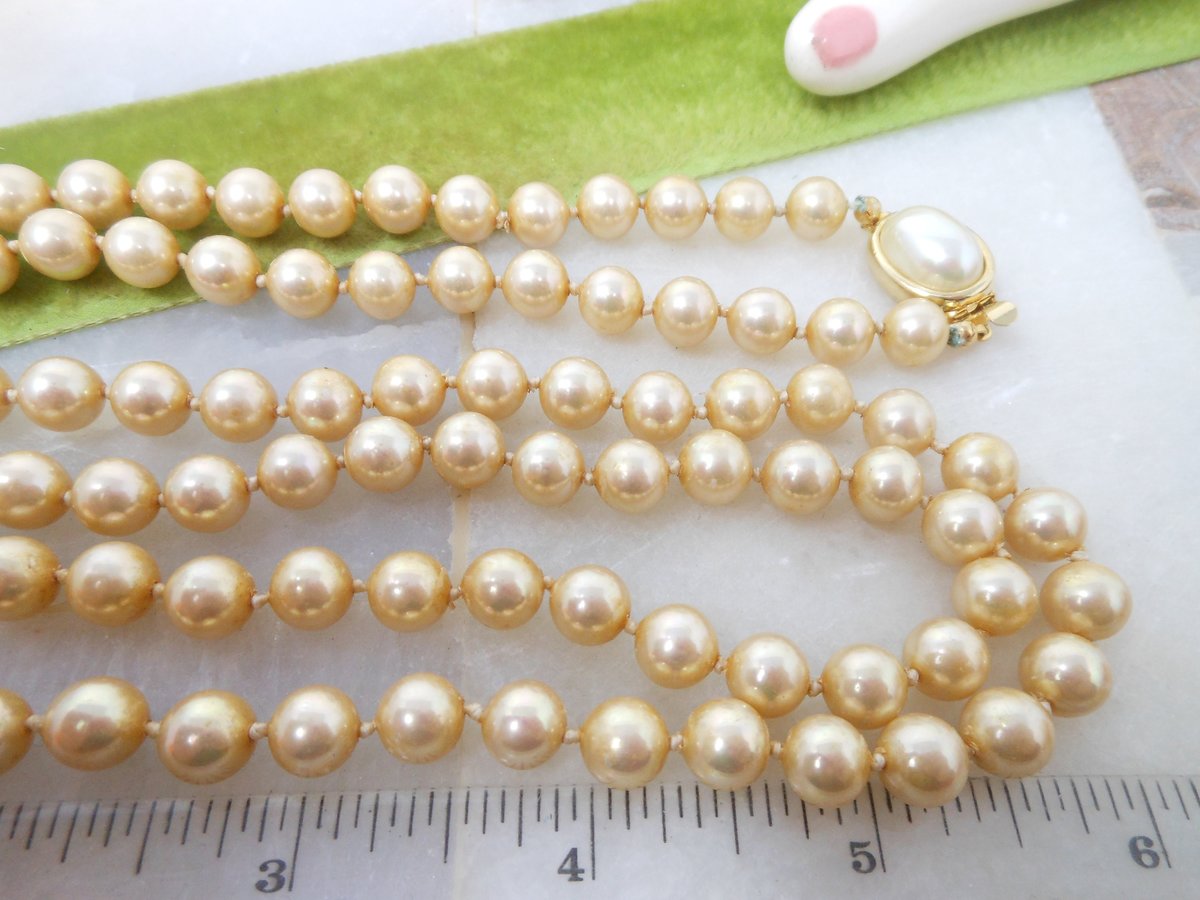 Vintage CAROLEE Long Necklace Golden Faux Pearl Glass Bead 37" Knotted Spacers Designer Elegant Classic Jewelry Gift, VivianJoel.com