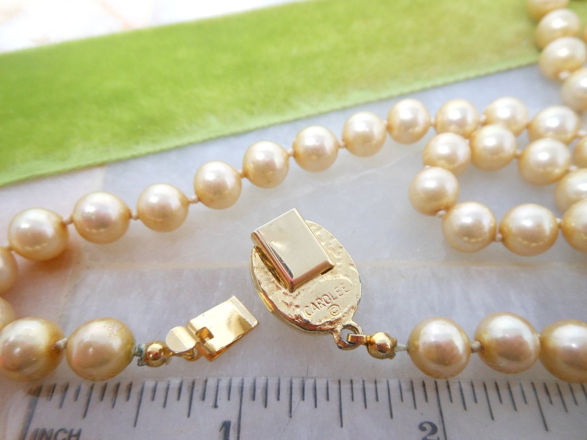Vintage CAROLEE Long Necklace Golden Faux Pearl Glass Bead 37" Knotted Spacers Designer Elegant Classic Jewelry Gift, VivianJoel.com
