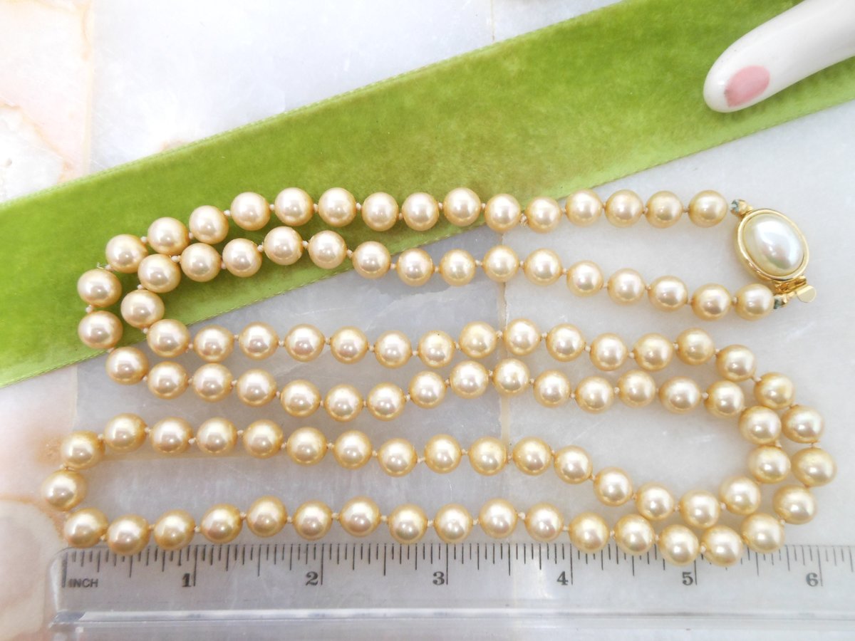 Vintage CAROLEE Long Necklace Golden Faux Pearl Glass Bead 37" Knotted Spacers Designer Elegant Classic Jewelry Gift, VivianJoel.com