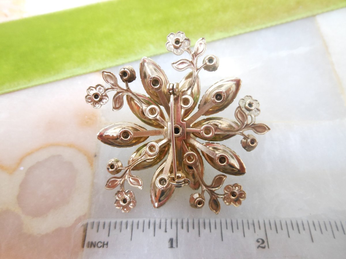 Vintage Green Flower Pin Rhinestone Brooch Aurora Borealis Crystal Layered Mid Century Jewelry Gift, VivianJoel.com