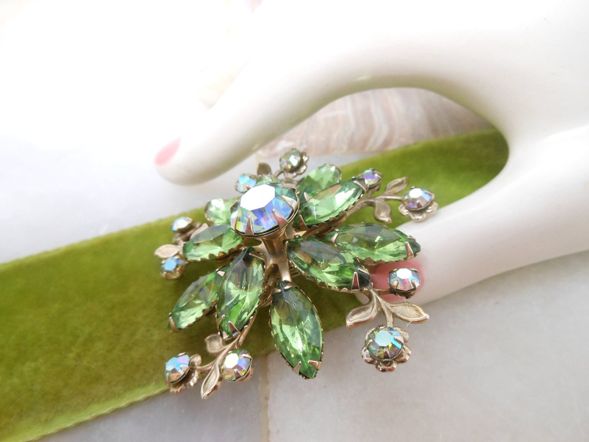 Vintage Green Flower Pin Rhinestone Brooch Aurora Borealis Crystal Layered Mid Century Jewelry Gift, VivianJoel.com