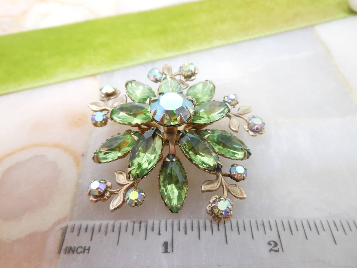 Vintage Green Flower Pin Rhinestone Brooch Aurora Borealis Crystal Layered Mid Century Jewelry Gift, VivianJoel.com
