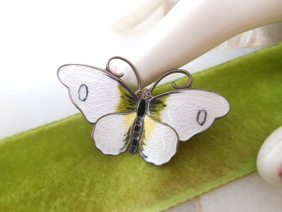 Vintage HROAR PRYDZ Norway Brooch STERLING Silver Butterfly Pin Enamel Guilloche Jens Erik Jensen 925 Mid Century Jewelry, VivianJoel.com