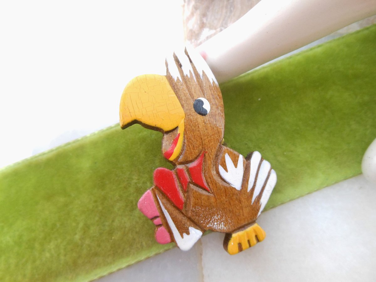 Vintage Parrot Brooch Carved Wood Tiki Tropical Bird Pin JAPAN Handpaint Anthropomorphic Kitsch Mid Century Jewelry, VivianJoel.com