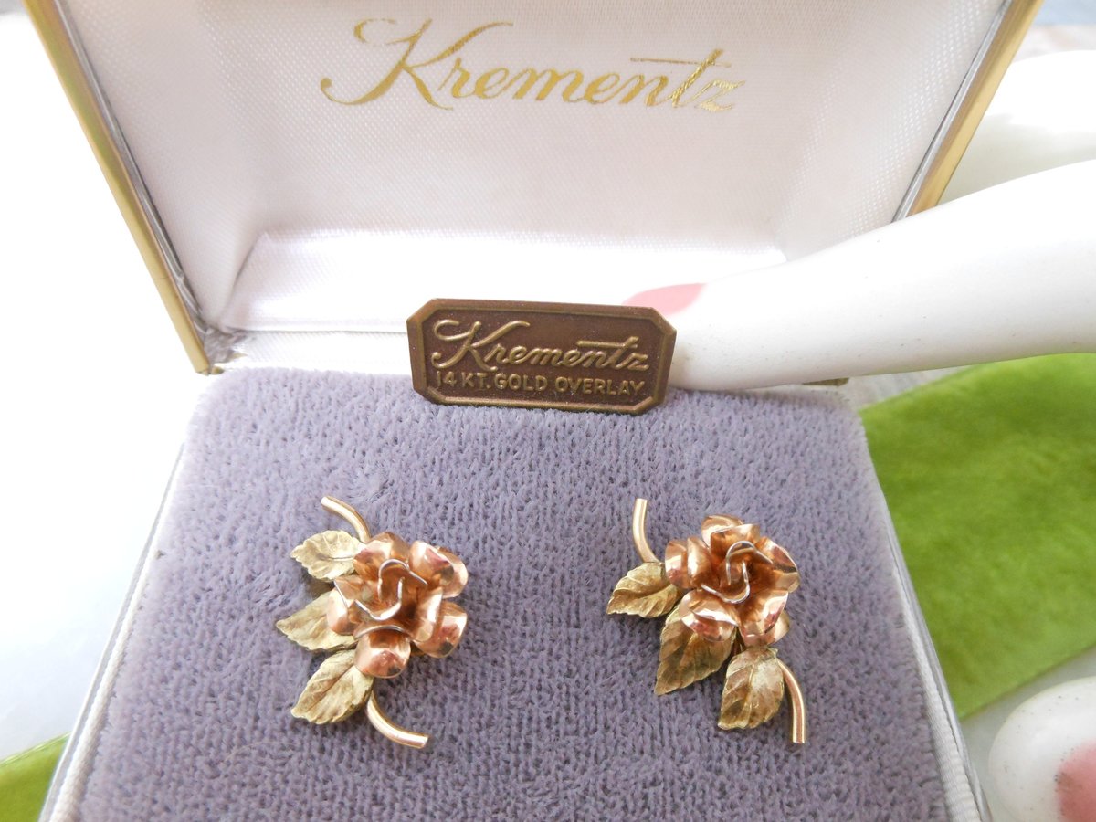 Vintage KREMENTZ Rose Flower Earrings Gold Overlay Two Tone Minimalist Wedding Flower Original Box Mid Century Jewelry Gift, VivianJoel.com