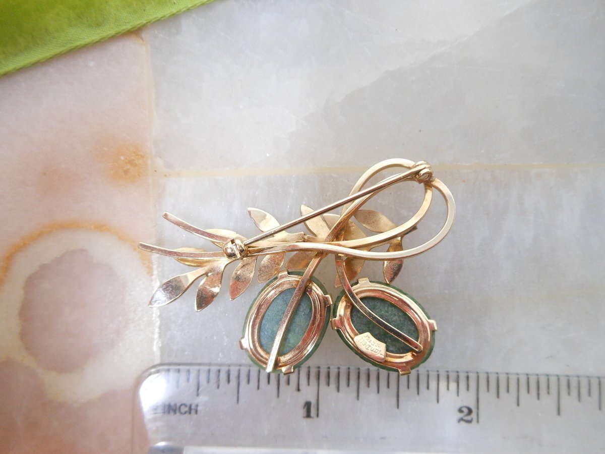 Vintage VAN DELL Carved Jade Pin Gemstone Brooch GF Gold Fill Flower Branch Mid Century Designer Jewelry Gift, VivianJoel.com