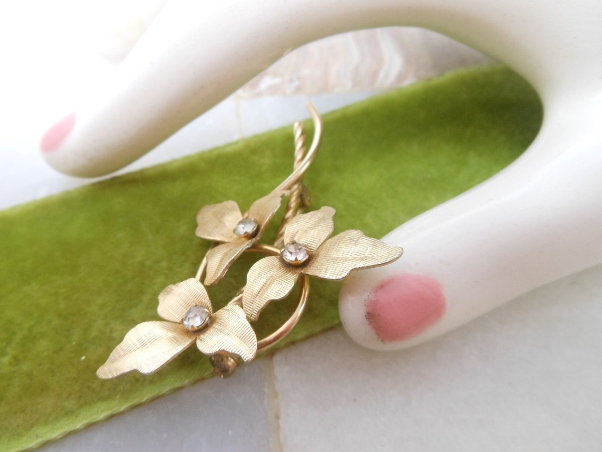 Vintage VAN DELL Crystal Brooch GF Flower Pin Gold Fill Delicate Elegant Mid Century Designer Jewelry Gift, VivianJoel.com