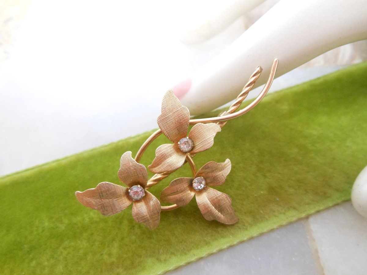 Vintage VAN DELL Crystal Brooch GF Flower Pin Gold Fill Delicate Elegant Mid Century Designer Jewelry Gift, VivianJoel.com