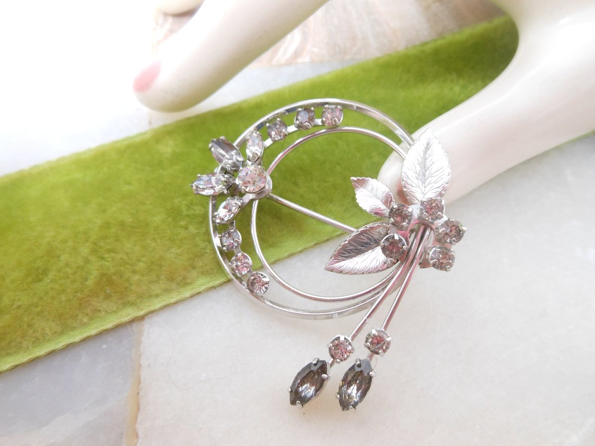 Vintage KREMENTZ Crystal Brooch Flower Spray Rhinestone Pin White Gold Overlay Designer Mid Century Jewelry Gift, VivianJoel.com