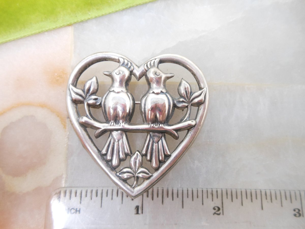 Vintage Norseland STERLING SILVER Brooch CORO Designer Pin Heart Figural Lovebird Mid Century Jewelry Gift, VivianJoel.com