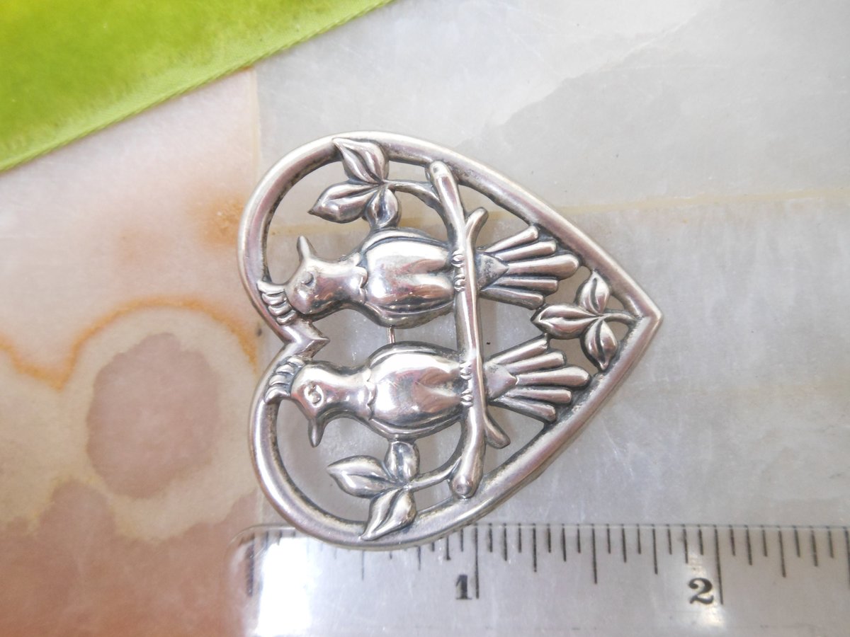 Vintage Norseland STERLING SILVER Brooch CORO Designer Pin Heart Figural Lovebird Mid Century Jewelry Gift, VivianJoel.com