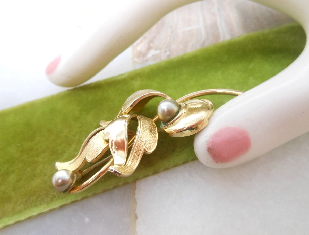 Vintage FORSTNER Brooch Gold Fill Pin Flower Branch GF Designer Classic Elegant Jewelry Mid Century, VivianJoel.com