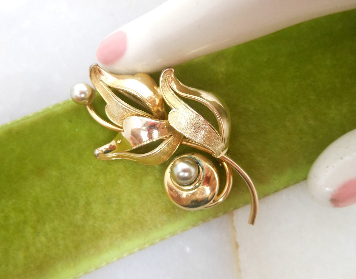 Vintage FORSTNER Brooch Gold Fill Pin Flower Branch GF Designer Classic Elegant Jewelry Mid Century, VivianJoel.com