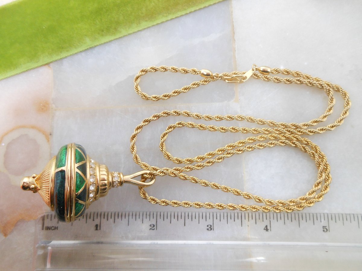 Vintage SWAROVSKI Pendant Necklace Chunky Fob Blue Green Enamel Crystal Rhinestone SWAN LOGO Statement Runway Jewelry Gift, VivianJoel.com