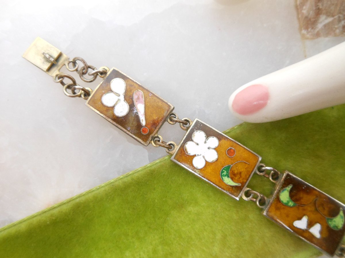 Vintage ROBERT KUO Bracelet Asian Cloisonne Link Enamel Panel Flower Abstract TAIWAN Designer Mid Century Jewelry Gift, VivianJoel.com