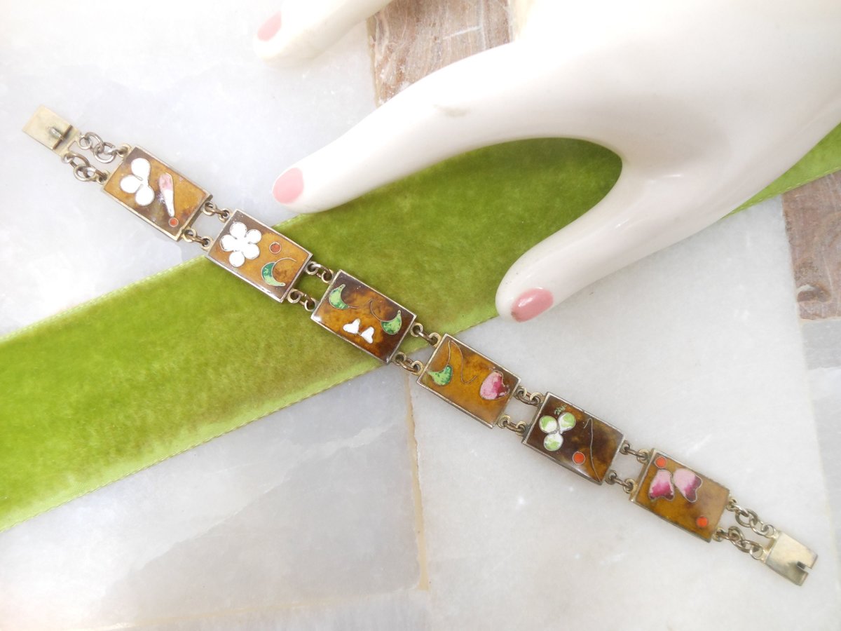 Vintage ROBERT KUO Bracelet Asian Cloisonne Link Enamel Panel Flower Abstract TAIWAN Designer Mid Century Jewelry Gift, VivianJoel.com