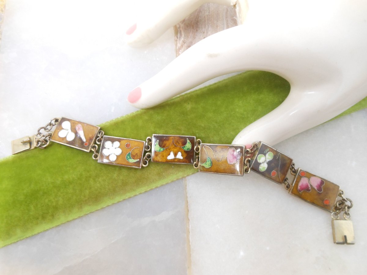 Vintage ROBERT KUO Bracelet Asian Cloisonne Link Enamel Panel Flower Abstract TAIWAN Designer Mid Century Jewelry Gift, VivianJoel.com