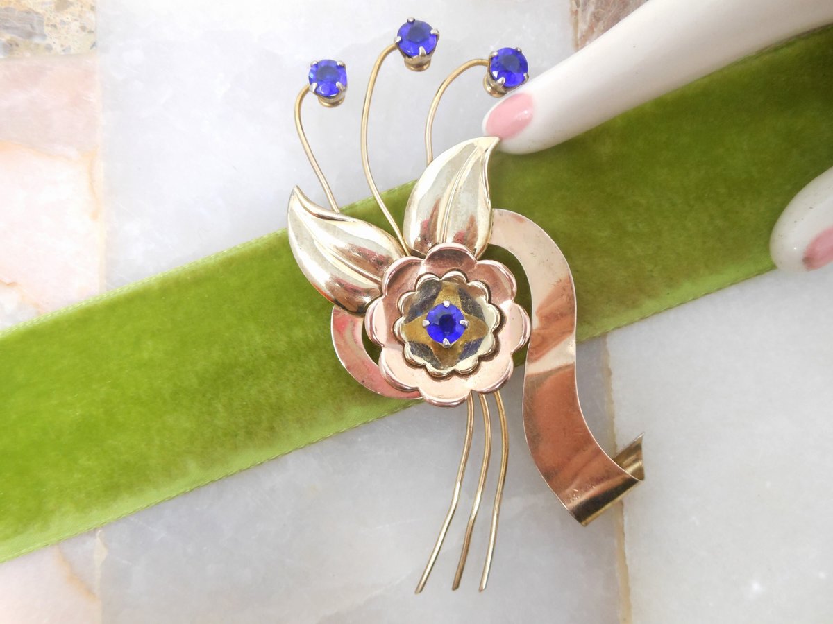 Vintage HARRY ISKIN Brooch Gold Fill Two Tone GF Pin Cobalt Blue Rhinestone Flower Designer Mid Century Gift, VivianJoel.com