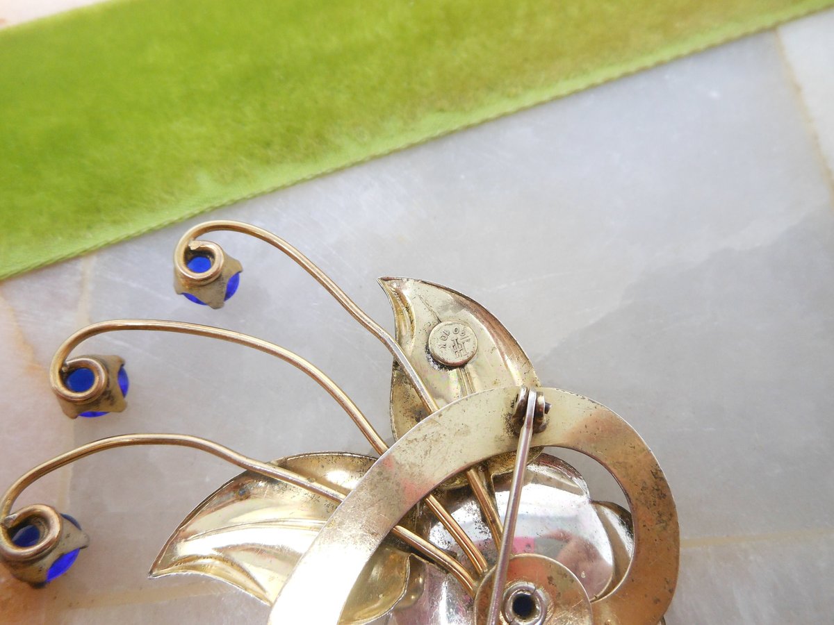 Vintage HARRY ISKIN Brooch Gold Fill Two Tone GF Pin Cobalt Blue Rhinestone Flower Designer Mid Century Gift, VivianJoel.com