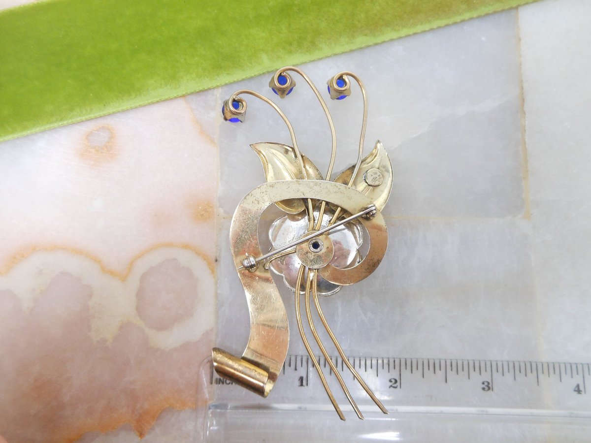 Vintage HARRY ISKIN Brooch Gold Fill Two Tone GF Pin Cobalt Blue Rhinestone Flower Designer Mid Century Gift, VivianJoel.com