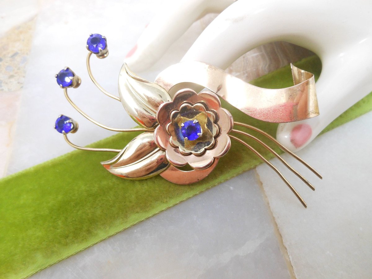 Vintage HARRY ISKIN Brooch Gold Fill Two Tone GF Pin Cobalt Blue Rhinestone Flower Designer Mid Century Gift, VivianJoel.com