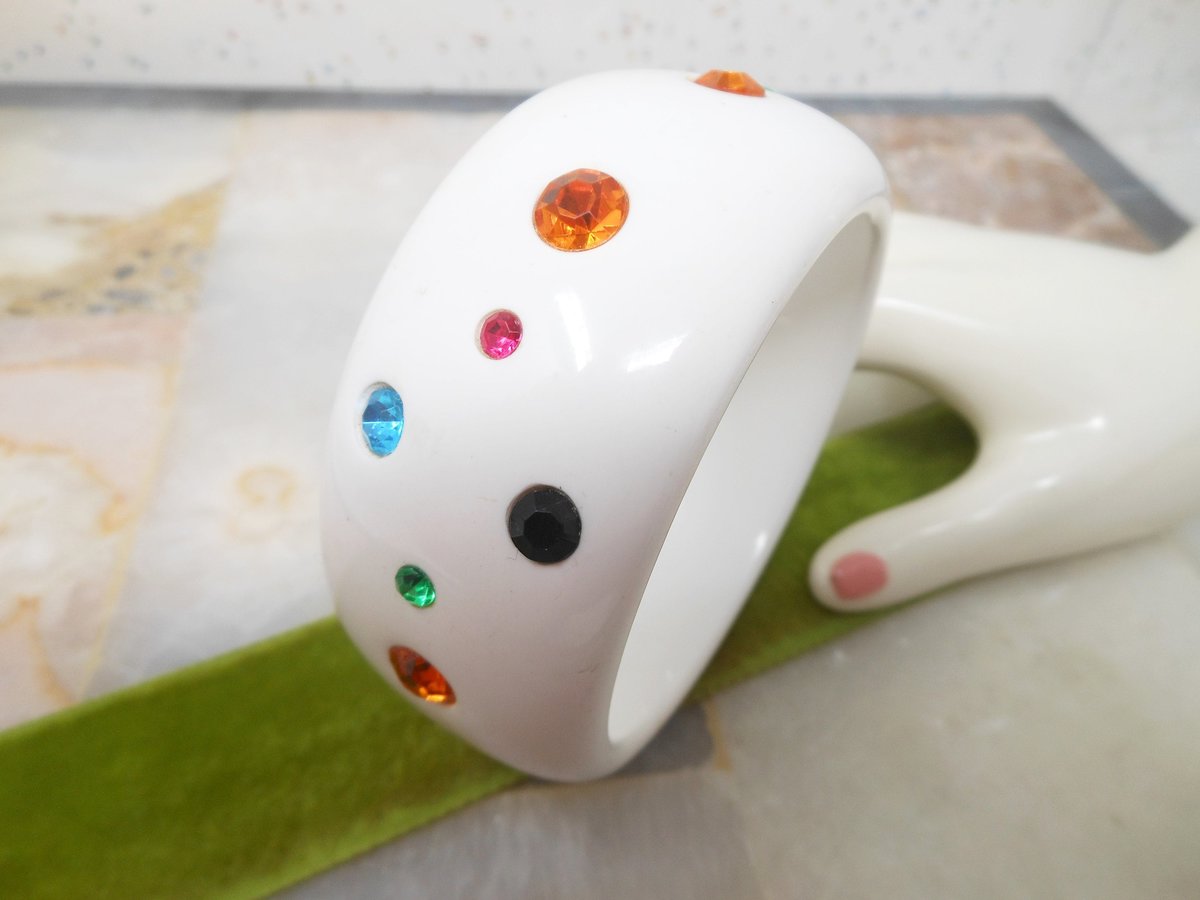 Vintage Chunky White Lucite Bracelet Bangle Rhinestone Imbedded Mod Wide Plastic Resin Mid Century Jewelry Gift, VivianJoel.com
