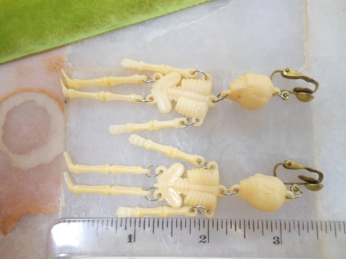 Vintage Swingy Skeleton Earrings Clip On Dangle Drop Plastic Halloween Goth Day of the Dead Spooky Jewelry Gift Mid Century, VivianJoel.com