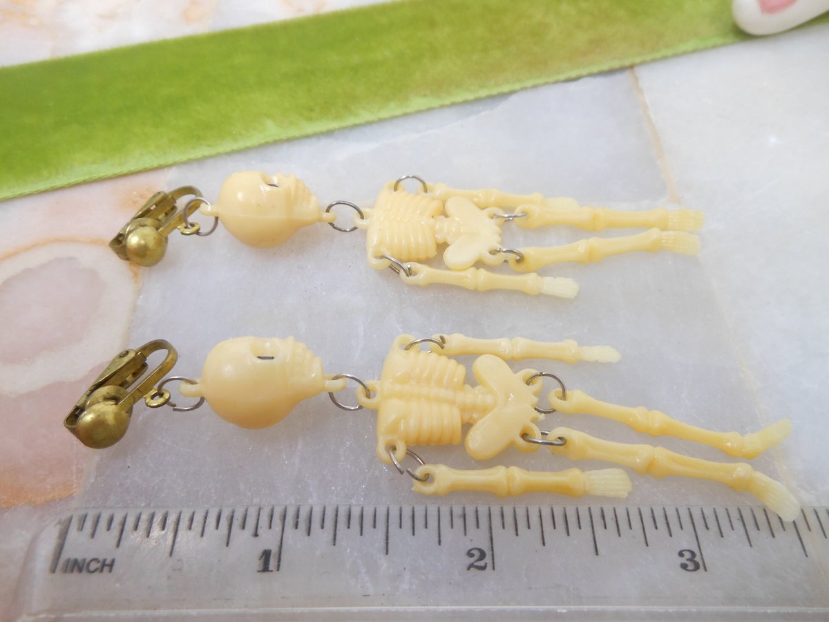 Vintage Swingy Skeleton Earrings Clip On Dangle Drop Plastic Halloween Goth Day of the Dead Spooky Jewelry Gift Mid Century, VivianJoel.com