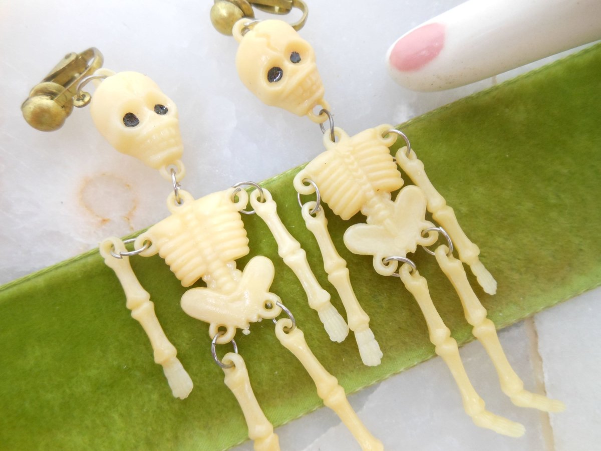 Vintage Swingy Skeleton Earrings Clip On Dangle Drop Plastic Halloween Goth Day of the Dead Spooky Jewelry Gift Mid Century, VivianJoel.com