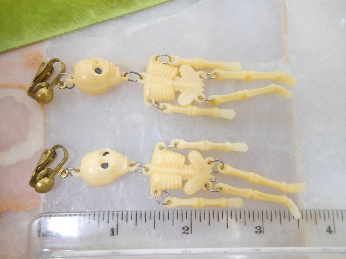 Vintage Swingy Skeleton Earrings Clip On Dangle Drop Plastic Halloween Goth Day of the Dead Spooky Jewelry Gift Mid Century, VivianJoel.com