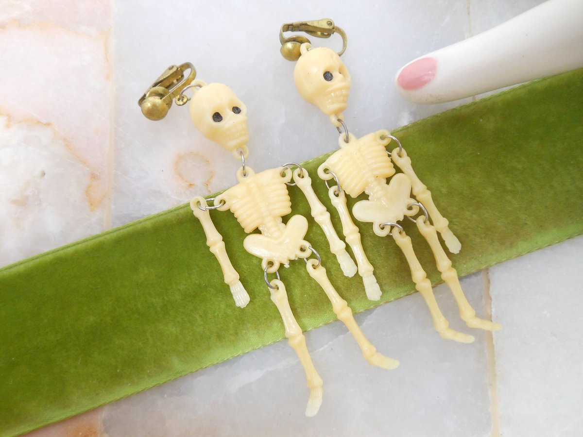 Vintage Swingy Skeleton Earrings Clip On Dangle Drop Plastic Halloween Goth Day of the Dead Spooky Jewelry Gift Mid Century, VivianJoel.com