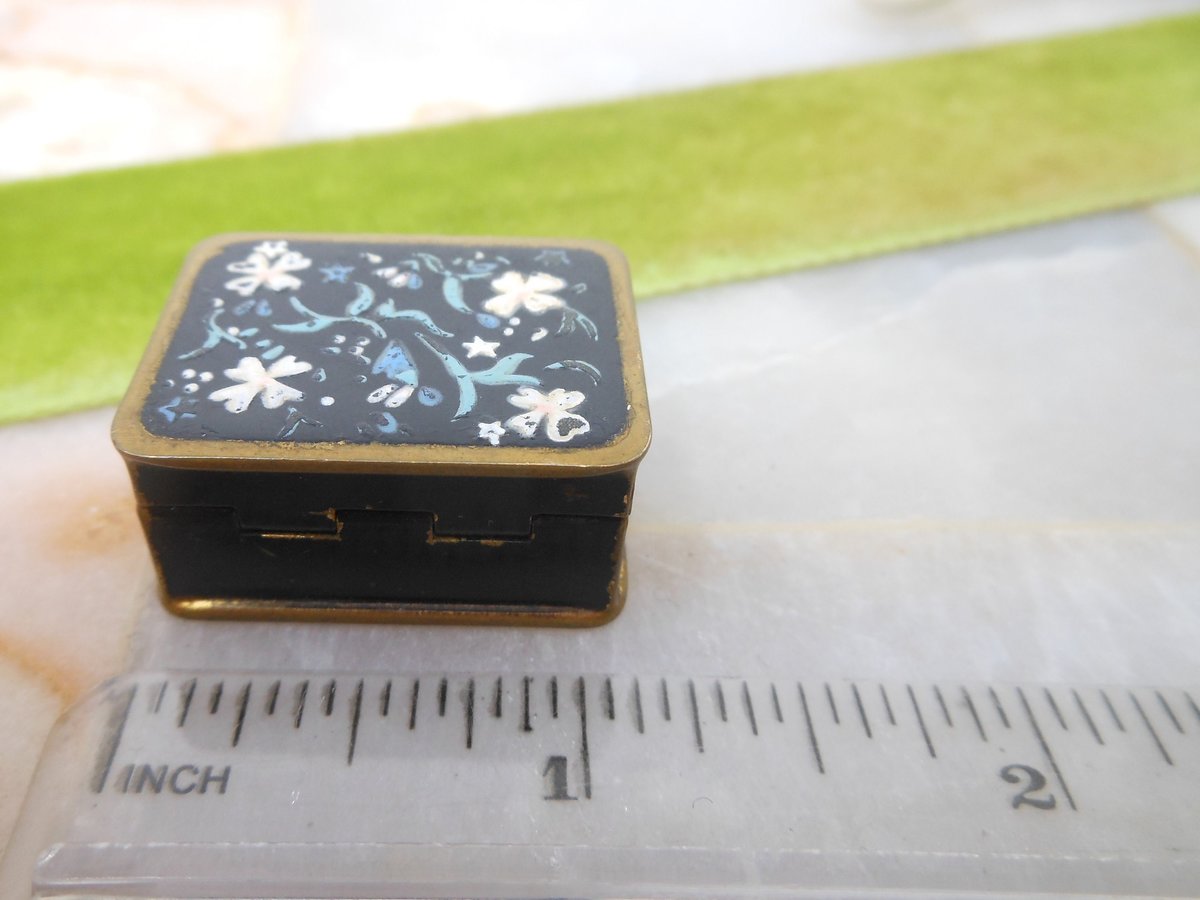 Vintage VOLUPTE Brass Enamel Small Snuff Ring Pill Box Casket Petite Tiny Flower Handpaint Jewelry Gift Mid Century, VivianJoel.com
